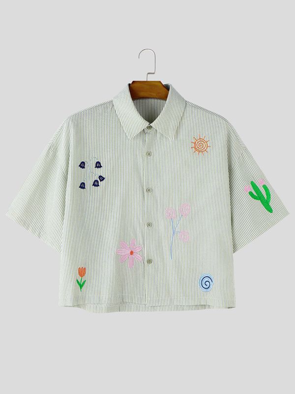 Men's Avant-Garde Whimsical Embroidered Cropped Pinstripe Short Sleeve Shirt SKUL74579