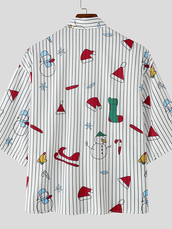 Men's Christmas Print Striped Tie Half Sleeve Shirt SKUL31820