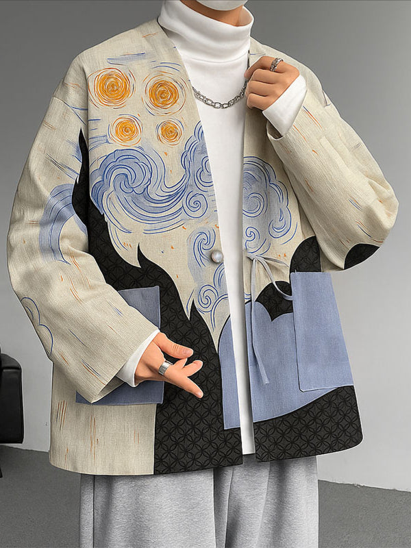 Men's Color Block Print Collarless Long Sleeve Cardigan SKUL34995