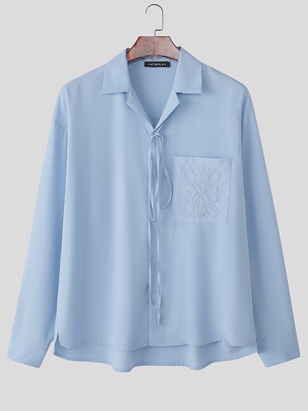 Men's Satin Embroidered Drawstring Loose Long Sleeve Shirt SKUL36381