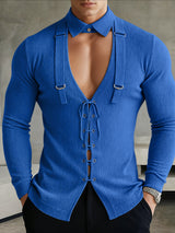 Men's Cut-Out Drawstring Eyelet Long Sleeve Shirt SKUL38657