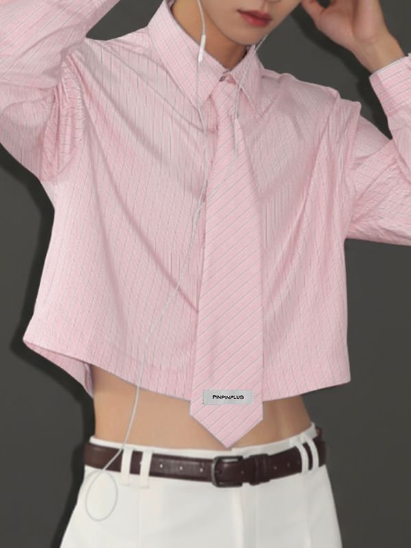 Men's Striped Tie Cropped Long Sleeve Shirt SKUL47902