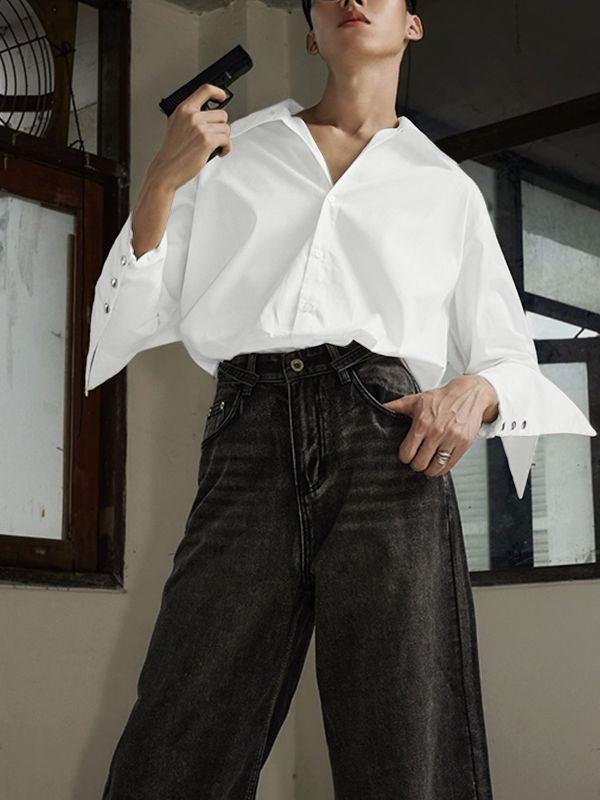 Men's Solid Color Deconstructed Long Sleeve Shirt SKUL45421