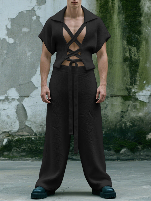 Men's Lace-Up Cross Texture Two Pieces Outfit SKUL29573