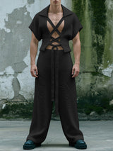 Men's Lace-Up Cross Texture Two Pieces Outfit SKUL29573