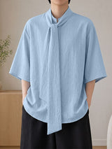 Men's Vintage Modern Chinese Scarf Tie Mandarin Collar Crinkled Oversized Short Sleeve Shirt SKUL71250