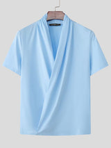 Men's Avant-Garde High Stretch Draped Ruched Cross Wrap Deep V-Neck Short Sleeve T-shirt SKUL61873