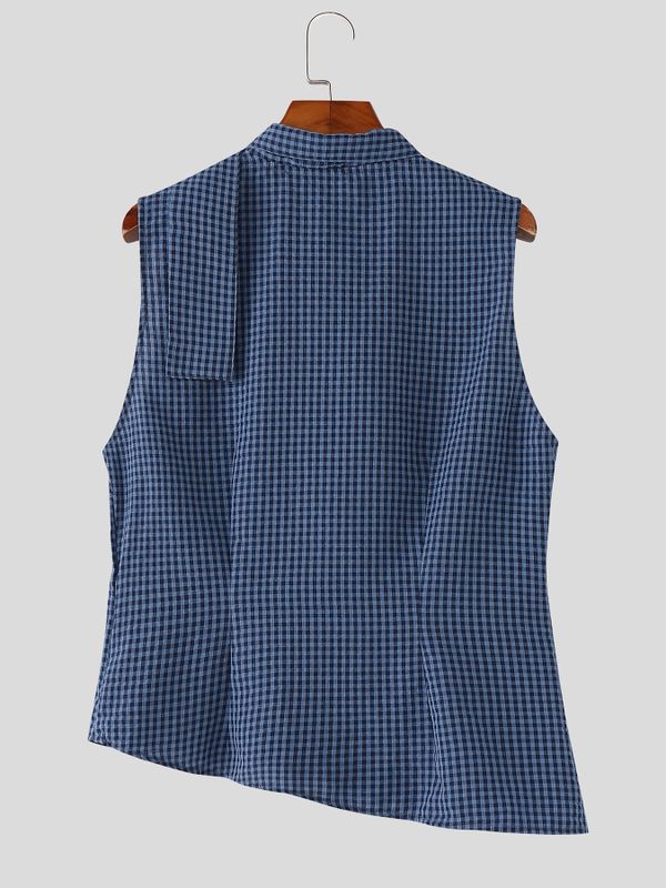 Men's Avant-Garde Asymmetrical Striped Sleeveless High Neck Deconstructed Shirt SKUL65183