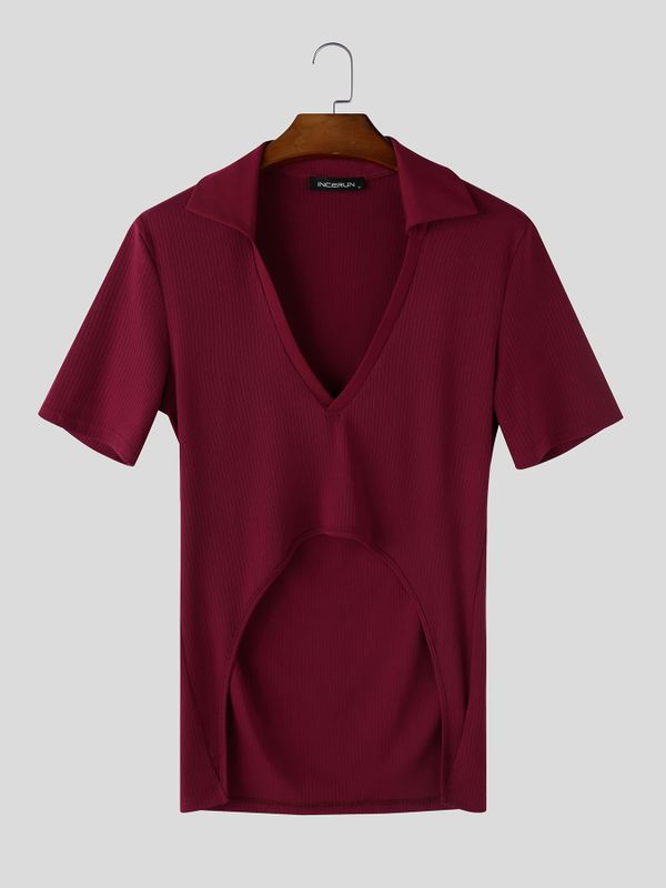Men's Solid Color Textured Lapel Short Sleeve Shirt SKUL57814