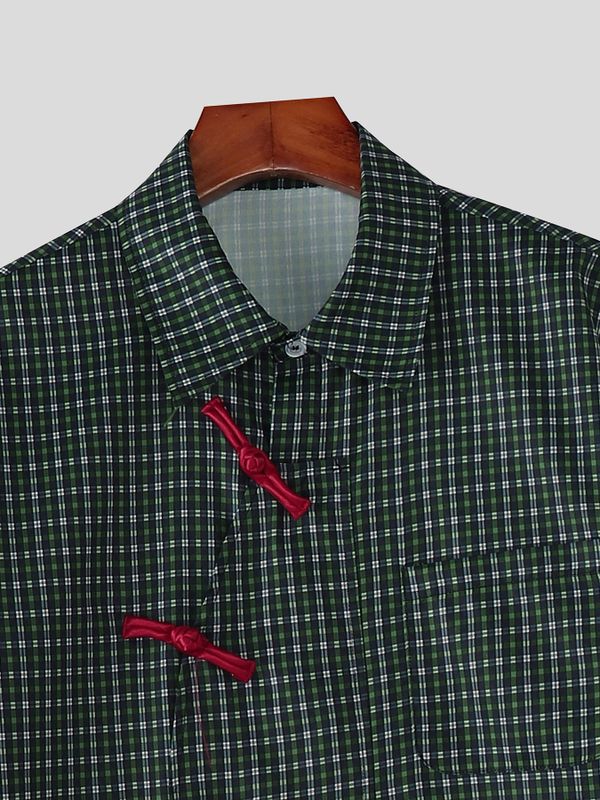 Men's Plaid Color Block Asymmetric Short Sleeve Shirt SKUL57119