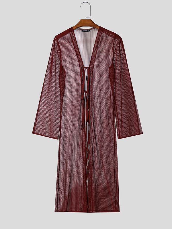 Men's Avant-Garde Longline Sheer Ribbed Tie-Front Flared Sleeve Cardigan SKUL57687