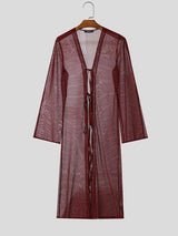 Men's Avant-Garde Longline Sheer Ribbed Tie-Front Flared Sleeve Cardigan SKUL57687