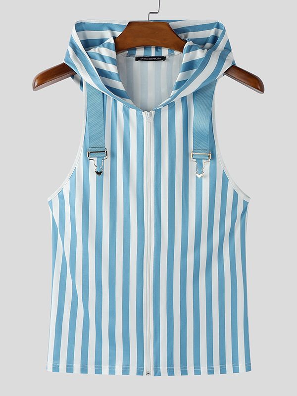 Men's Casual Stripe Hooded Zip Tank SKUL47887