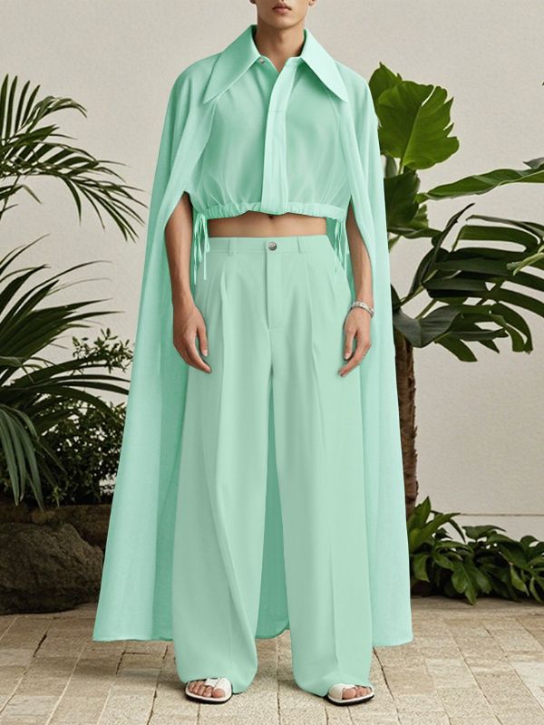 Men's Chiffon Sheer Cape Patchwork Two Pieces Outfit SKUL36591