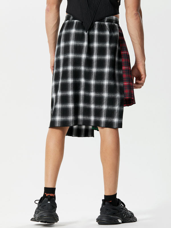 Mens Irregular Pleated Plaid Patchwork Skirt SKUK37261