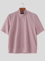 Men's Solid Color Textured Zip Short Sleeve T-shirt SKUL54063