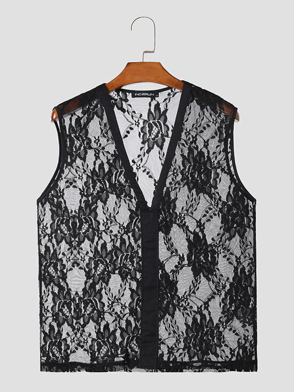 Mens Lace See Through V-Neck Sleeveless Vest SKUK60254