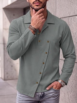Men's Early Autumn Urban Casual Side Slanted Button Up Clean Fit Long Sleeve Lapel Collar Shirt SKUL81844