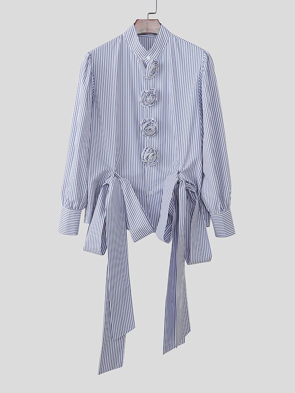 Men's 3D Floral Decor Striped Bow Long Sleeve Shirt SKUL47643