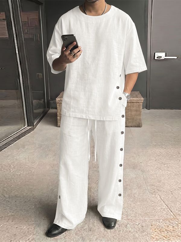 Men's Avant-Garde Modern Neo-Chinese Deconstructed Side Button Two Pieces Outfit SKUL72494