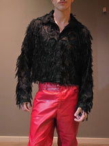 Men's Nightclub Party Semi-Sheer Fringe Button-Up Long Sleeve Shirt SKUL76467