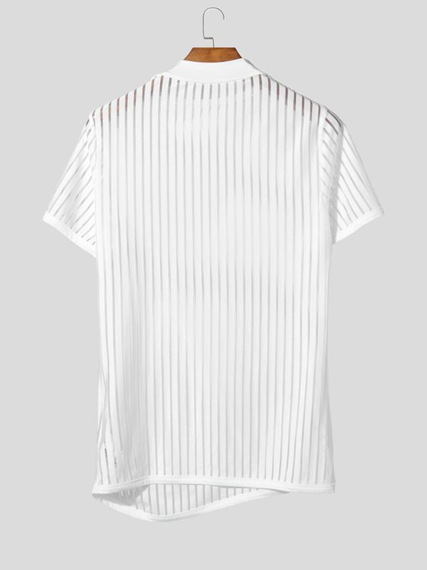 Men's Avant-Garde High Street Sheer Trend Vertical Stripe Mesh Mock Neck T-shirt SKUL64165