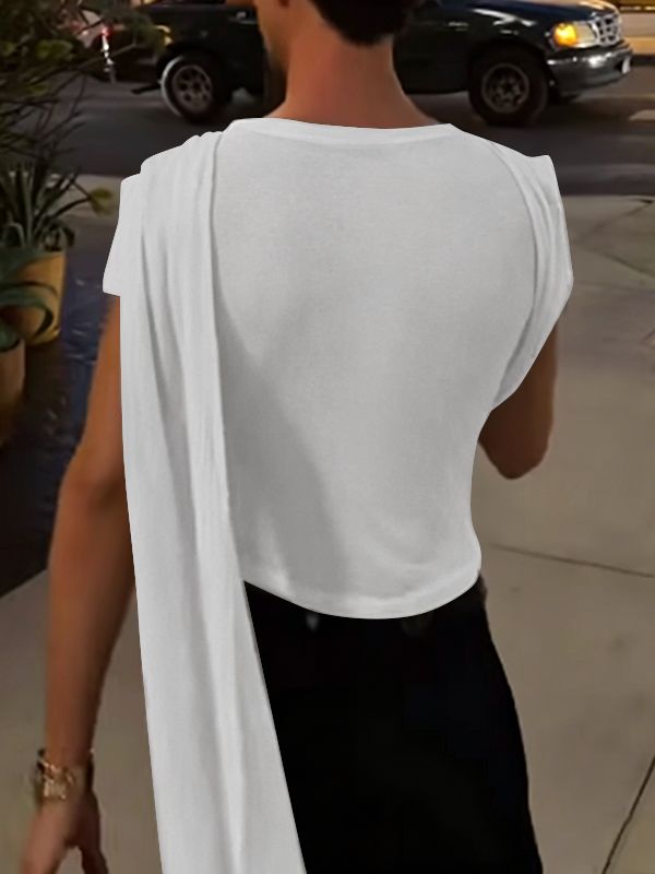 Men's Avant-Garde Party Draped Shoulder Sash Ruched Short Sleeve Round Neck T-shirt SKUL68400