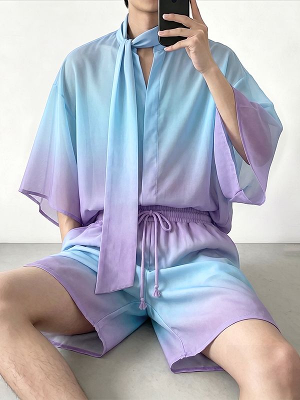 Men's Gender-Fluid Fashion Ombre Gradient Tie-Neck Flowy Shirt SKUL70455