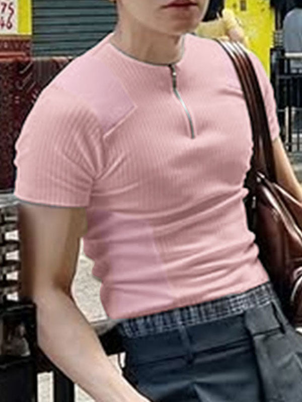 Mens Solid Color Half-Zip Short Sleeve T-Shirt SKUK98843