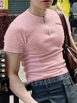 Mens Solid Color Half-Zip Short Sleeve T-Shirt SKUK98843