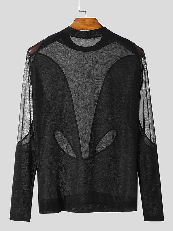 Mens Sheer Patchwork Slim Fit Long Sleeve T-Shirt SKUK83497