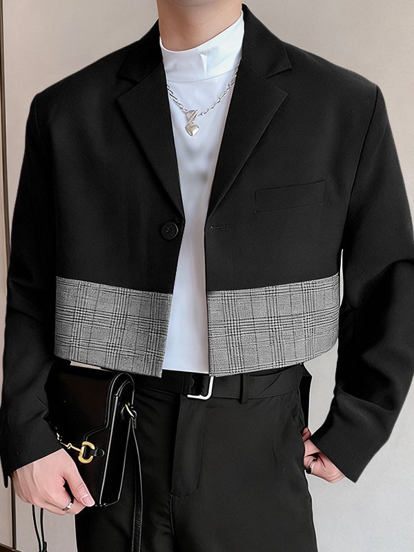 Men's Plaid Patchwork Cropped Long Sleeve Blazer SKUL51751