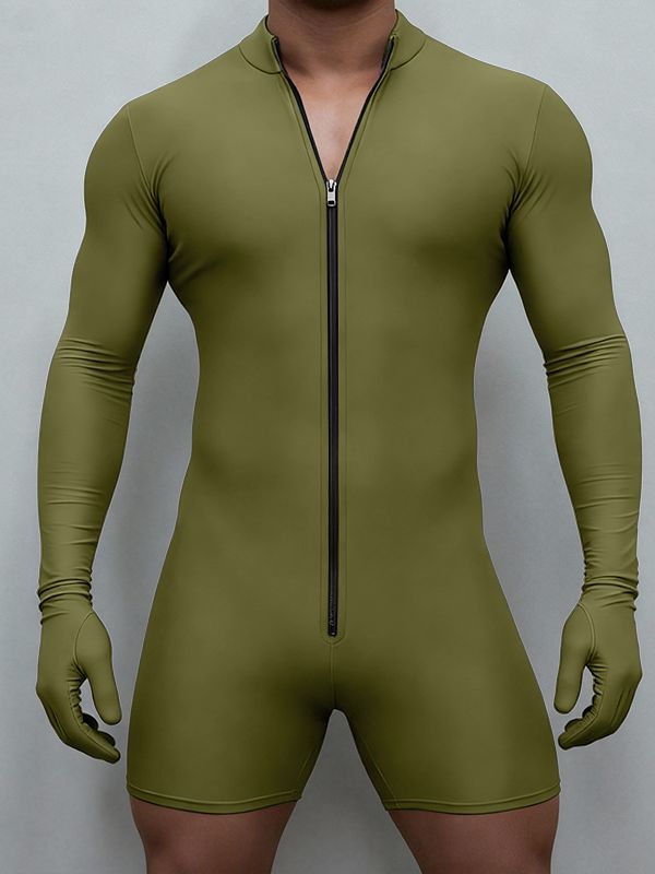 Men's Solid Color Zipper Long Sleeve Bodysuit SKUL48670