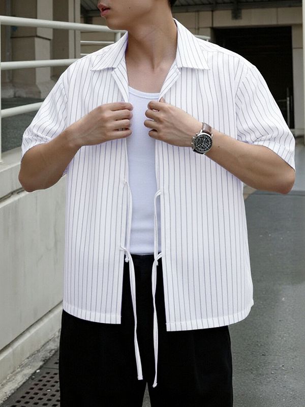 Men's Lace Up Patchwork Striped Short Sleeve Shirt SKUL39009