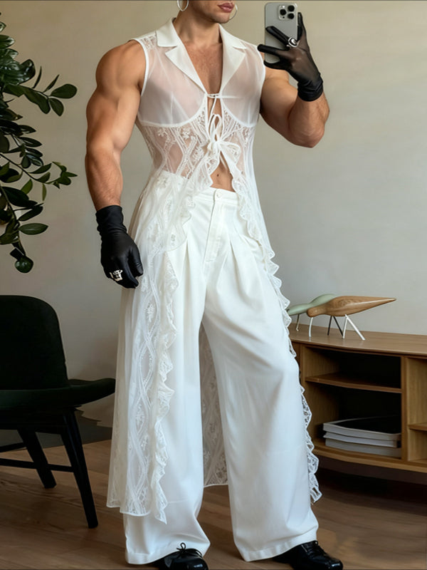 Men's Sheer Lace Patchwork Sleeveless Cardigan SKUL38958