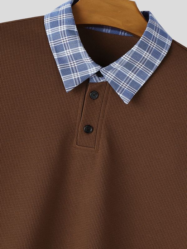 Men's Vintage Japanese Cityboy Aesthetic Fake Two-Piece Plaid Layered Polo Shirt SKUL70203