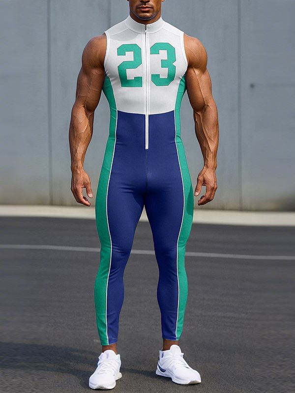 Men's Number Print Colorblock Zipper Bodysuit SKUL31984