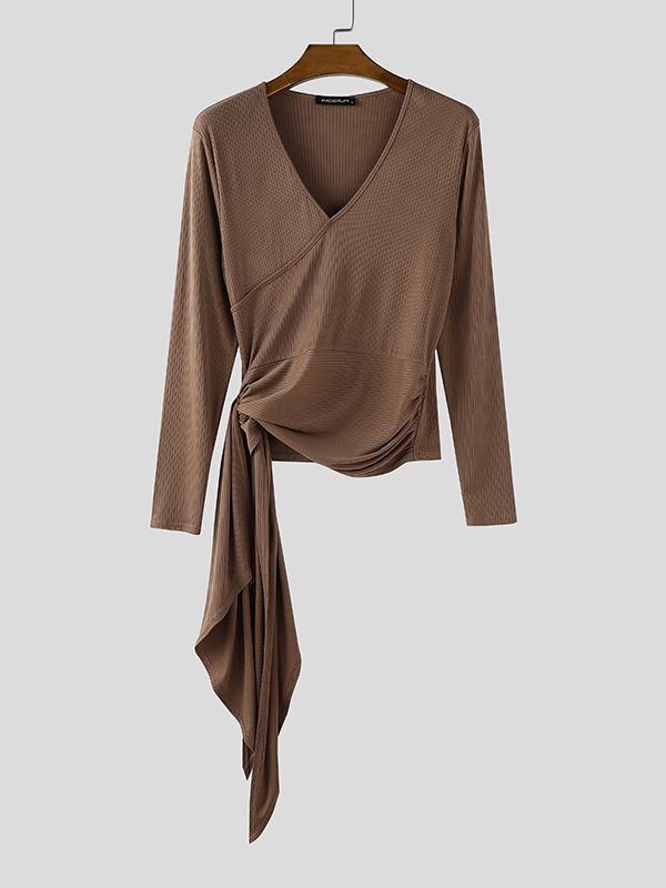 Men's Knitted Twist Tie V Neck Long Sleeve Sweater SKUL35102