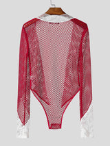 Men's Sheer Mesh Lace Patchwork Bodysuit SKUL22255
