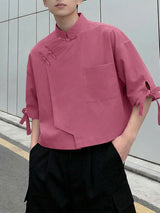 Men's Solid Color Frog Button Stand Collar Half Sleeve Shirt SKUL57725