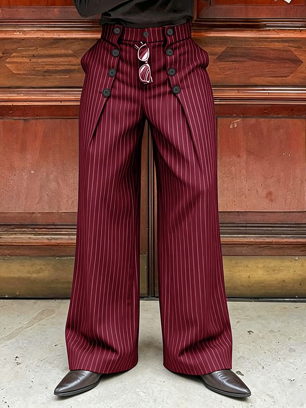Men's Avant-Garde Pinstripe High-Waist Sailor Button Wide-Leg Pant SKUL63132