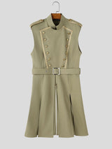 Men's Avant-Garde Retro Military Epaulet Double Breasted Knee Length Sleeveless Mandarin Collar Waistcoat SKUL81731
