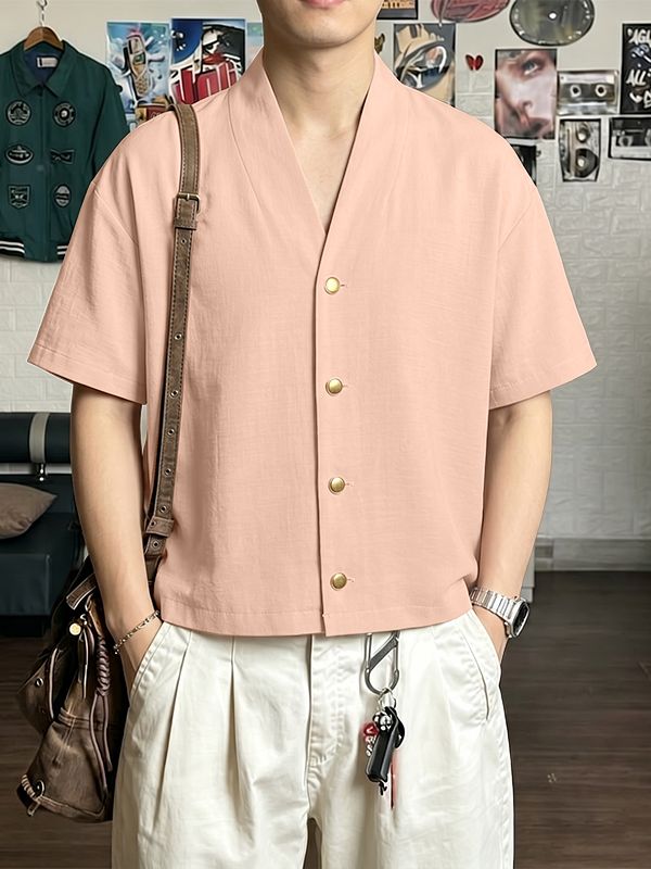 Men's Japanese Vintage Placid V-Neck Textured Cotton-Linen Boxy Cropped Short Sleeve Shirt SKUL69067