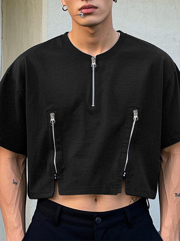 Mens Half-Zip Cropped Short-Sleeve T-Shirt SKUL09317