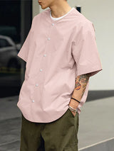 Men's Minimalist Button-Front Collarless Boxy Short Sleeve Shirt SKUL60145