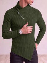 Men's Avant-Garde Urban Casual Asymmetrical Slanted Zipper Ribbed Knit Pointed Hem Long Sleeve Stand Collar Sweater SKUL82403