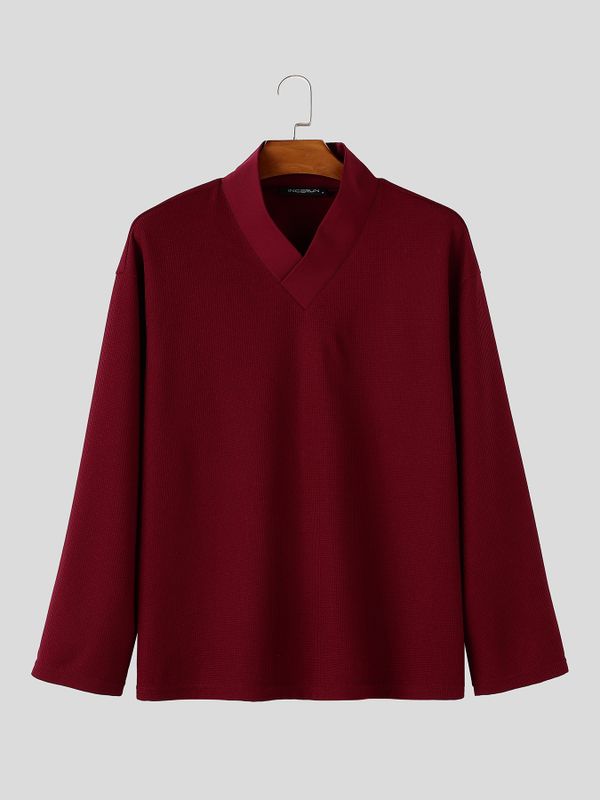 Men's Clean Fit Quiet Luxury Overlap Cross V-Neck Textured Waffle Knit Long Sleeve V-Neck Sweater SKUL82442