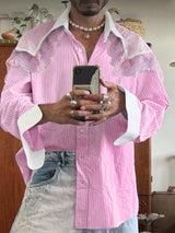 Men's Lace Trim Patchwork Striped Long Sleeve Shirt SKUL22820