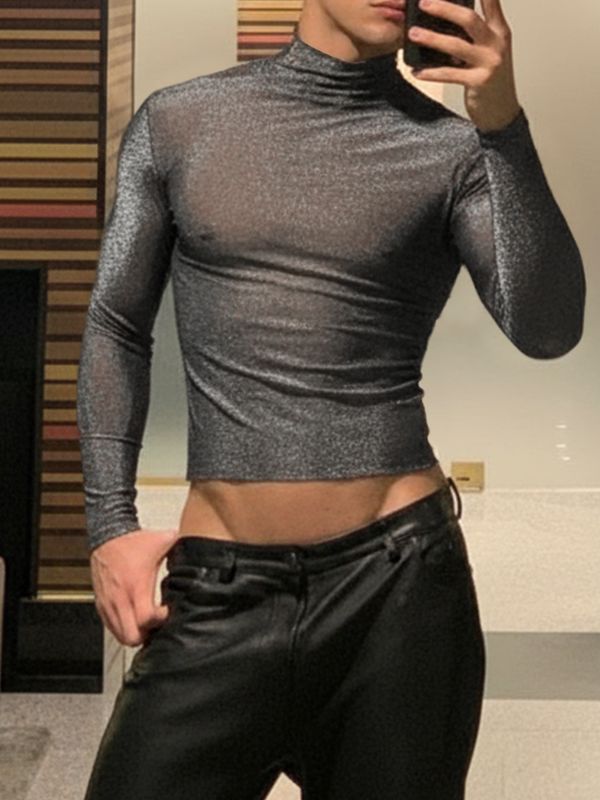 Men's Party Style Shiny Cropped Long Sleeve T-Shirt SKUL37694