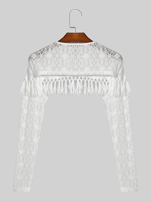 Mens Fringe Lace Patchwork See Through Crop Top SKUK53723